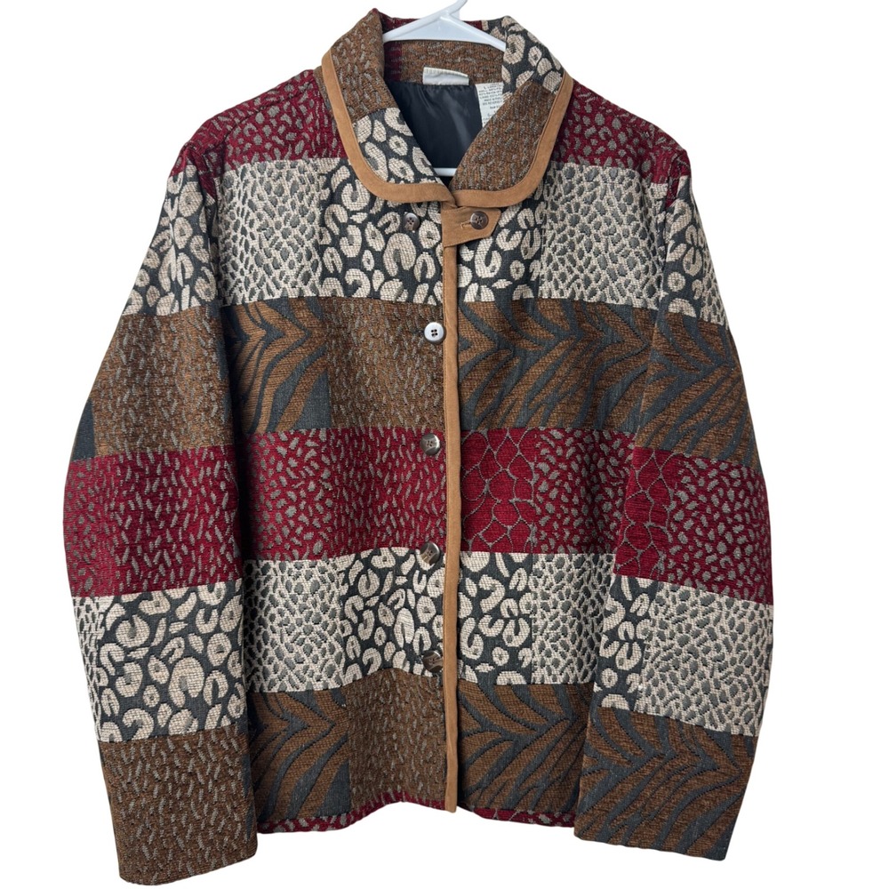 White Stag Jacket Womens L Brown Animal Print Patchwork Tapestry Button Up